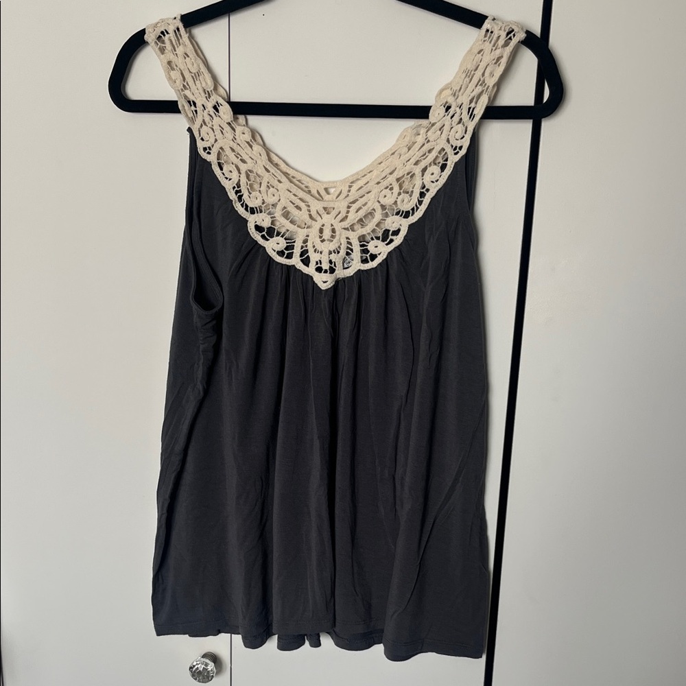 Kismet Gray Tank Top with Cream Crochet Neckline
